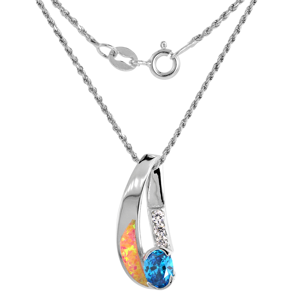 Sterling Silver Synthetic Pink Opal Blue Topaz CZ Necklace 7x5 mm Trillion cut 1 1/8 inch ROPH_25