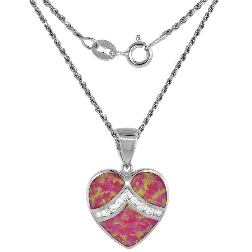 Sterling Silver Synthetic Pink Opal Heart Necklace Cubic Zirconia Accent 3/4 inch ROPH_25