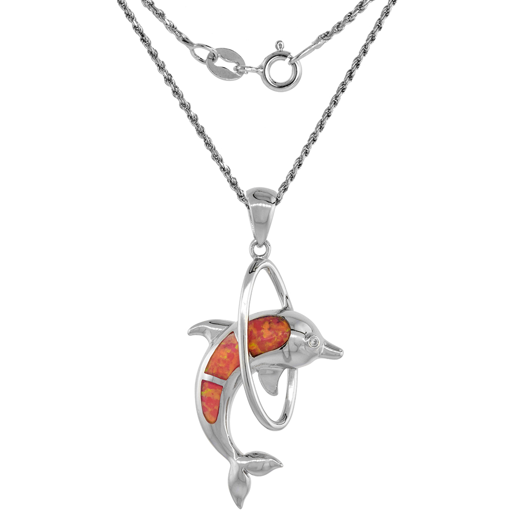 Sterling Silver Synthetic Pink Opal Dolphin in Loop Necklace CZ Accent 1 3/8 inch ROPH_25