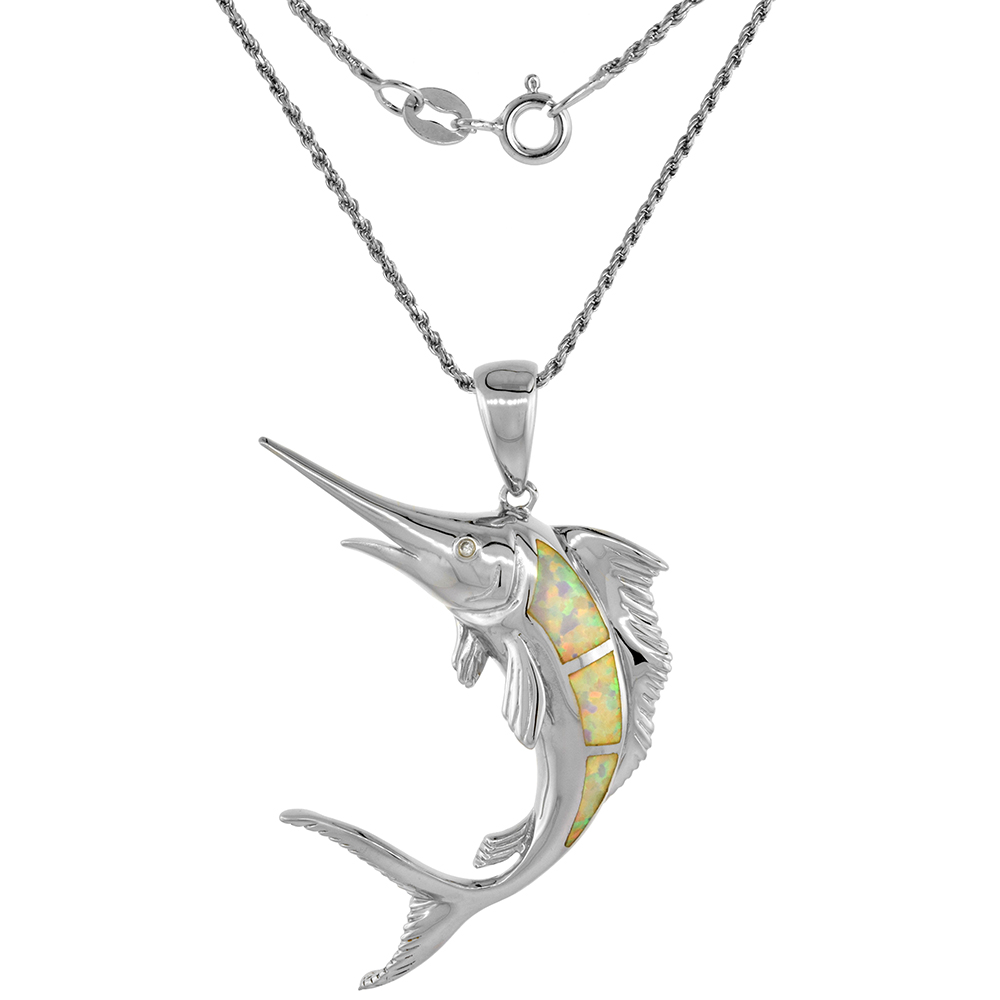 Sterling Silver Synthetic Pink Opal Marlin fish Necklace Cubic Zirconia Accent 1 7/8 inch ROPH_25