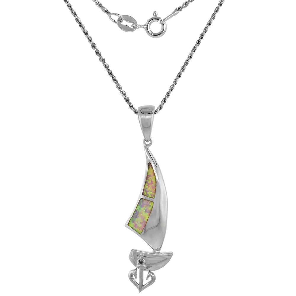 Sterling Silver Synthetic Pink Opal Sail Boat Necklace with Movable Anchor 1 3/4 inch ROPH_25