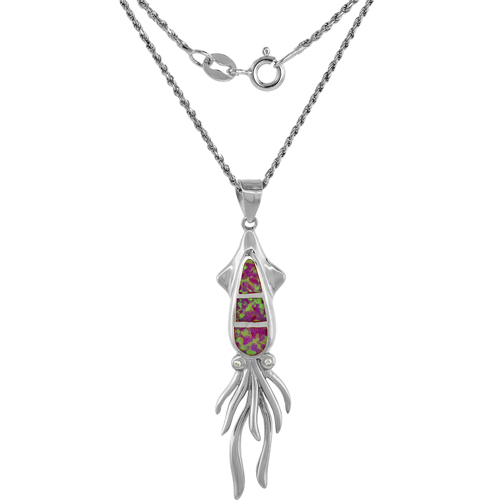 Sterling Silver Synthetic Pink Opal Squid Necklace Cubic Zirconia Accent 1 7/8 inch ROPH_25