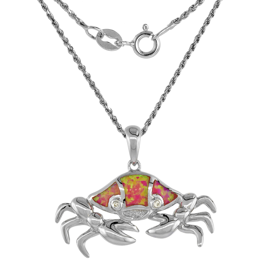 Sterling Silver Synthetic Pink Opal Crab Necklace Sign of Cancer CZ Accent 1 3/16 inch ROPH_25