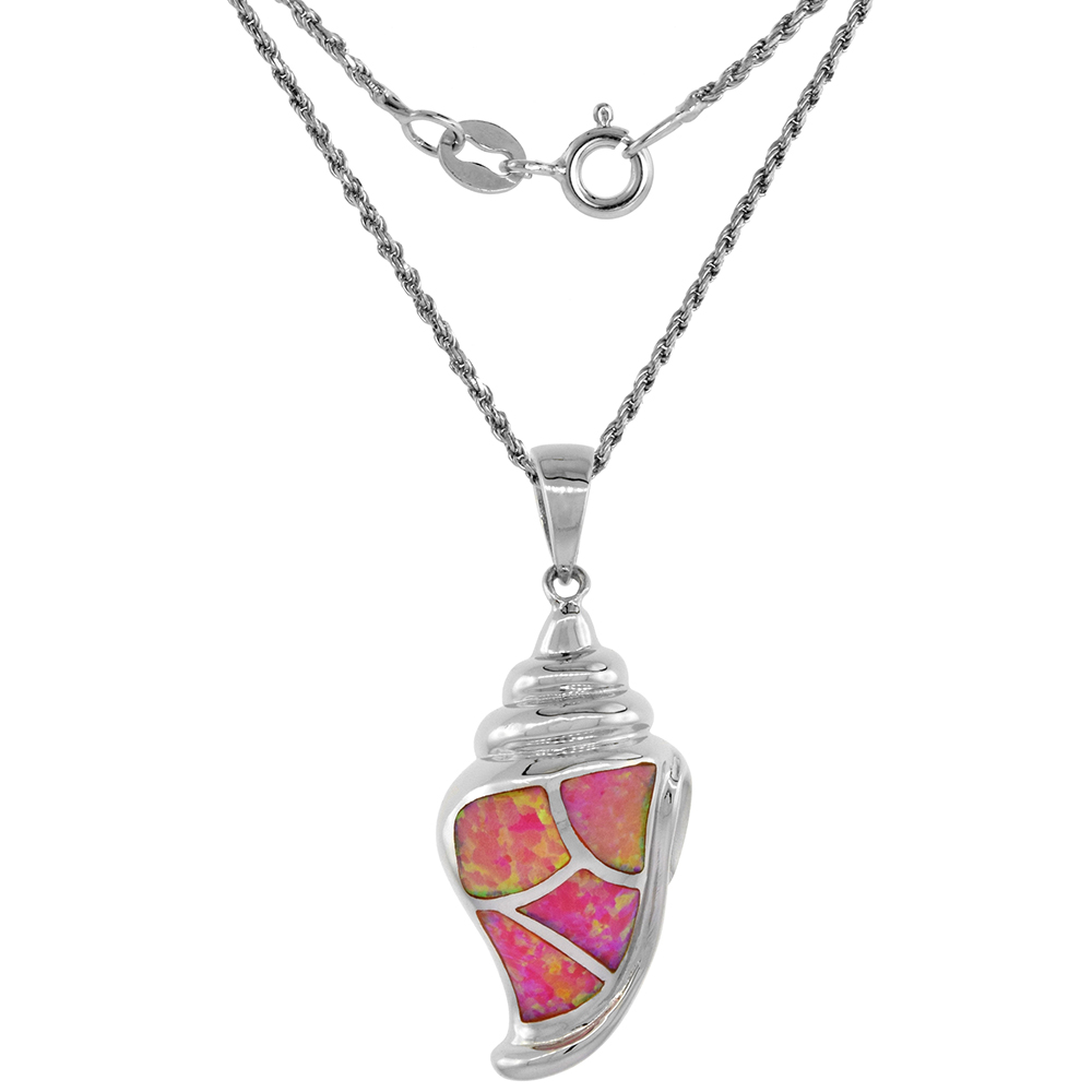 Sterling Silver Synthetic Pink Opal Conch Shell Necklace Cubic Zirconia Accent 1 1/8 inch ROPH_25