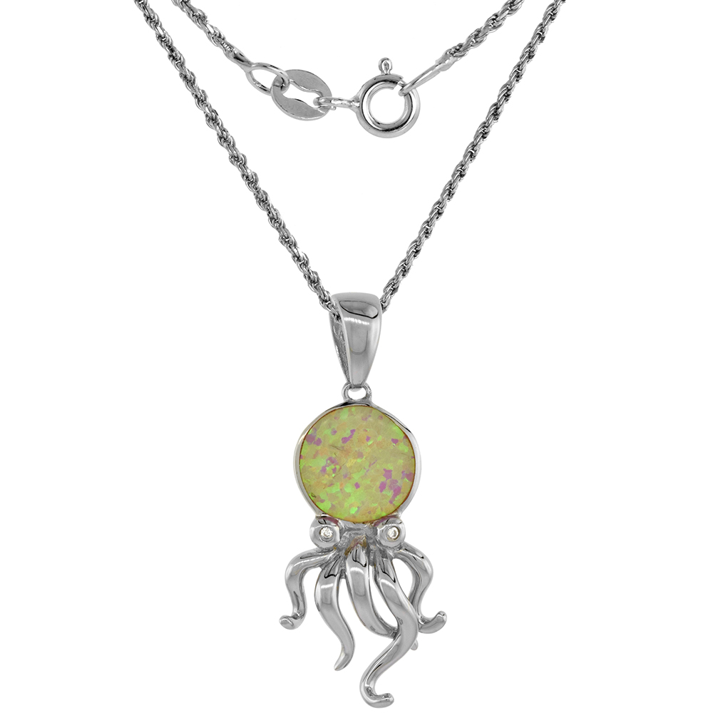 Sterling Silver Synthetic Pink Opal Octopus Necklace Cubic Zirconia Accent 1 1/4 inch ROPH_25