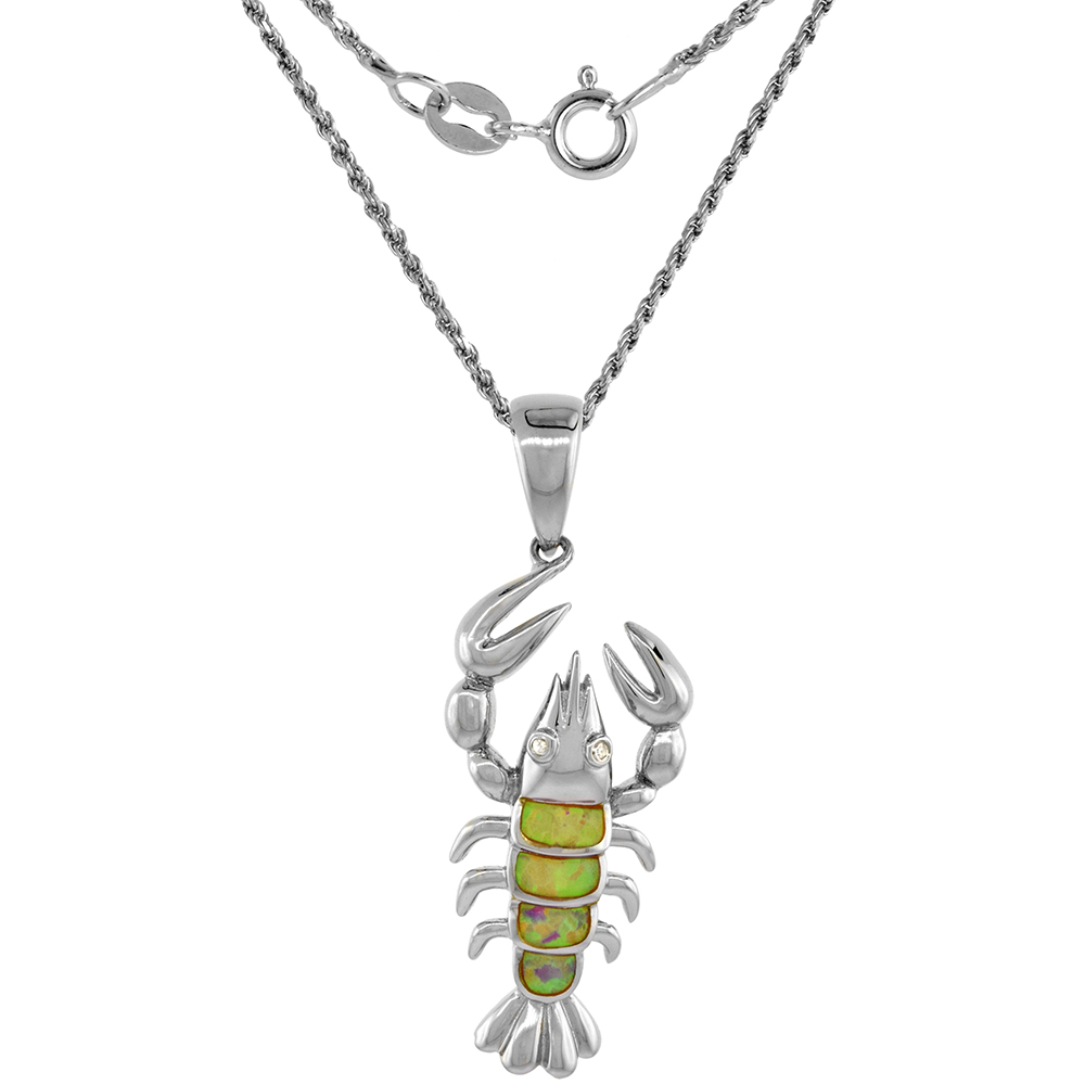 Sterling Silver Synthetic Pink Opal Lobster Necklace Cubic Zirconia Accent 1 3/8 inch ROPH_25