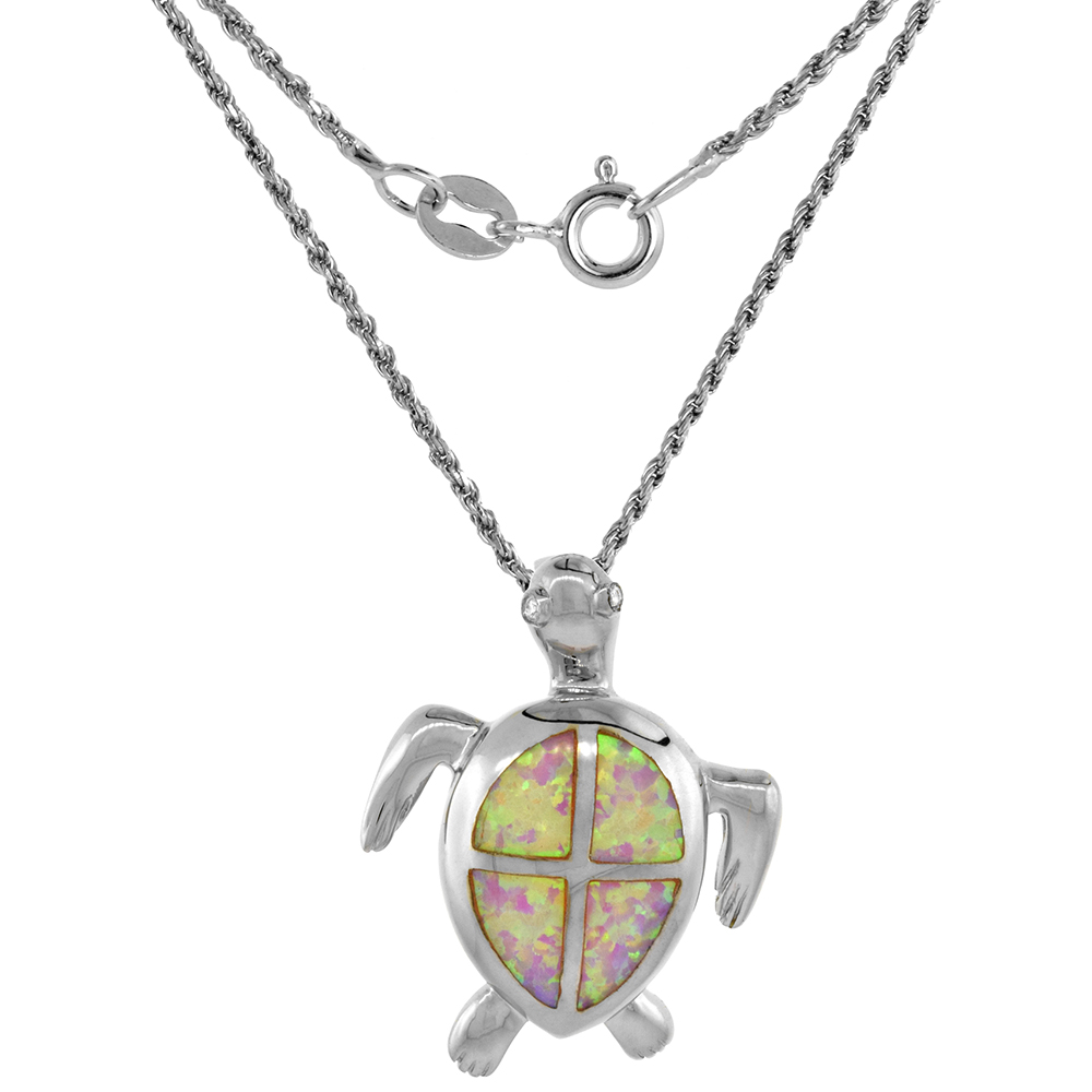 Sterling Silver Synthetic Pink Opal Hawaiian Sea Turtle Necklace CZ Accent 1 3/16 inch ROPH_25