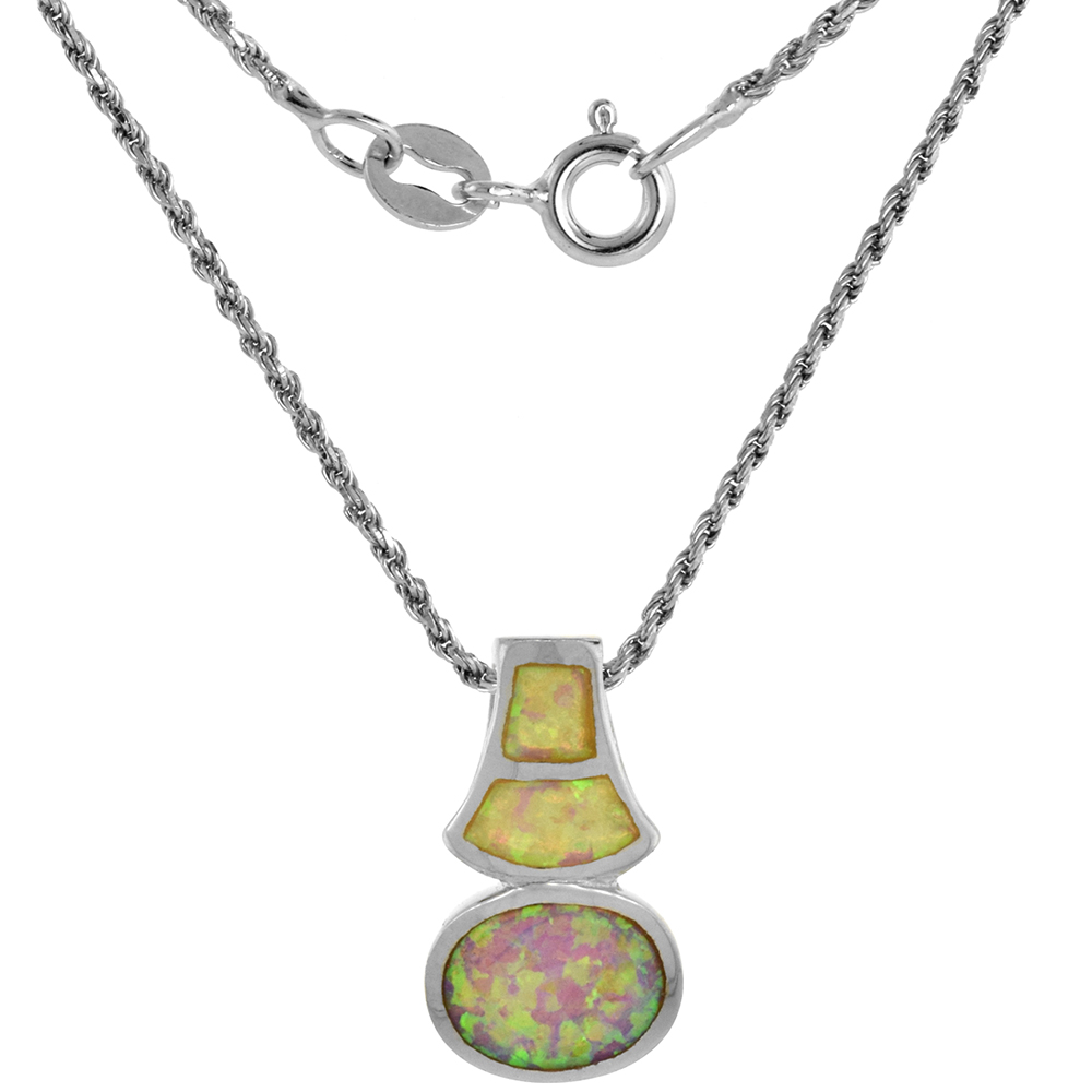 Sterling Silver Synthetic Pink Opal Oval Slide Necklace for Women Hand Inlay 11/16 inch ROPH_25