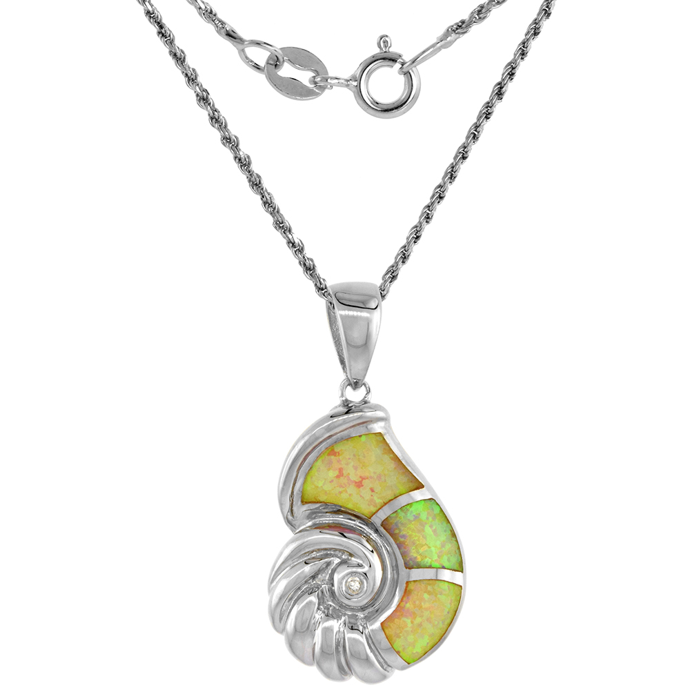 Sterling Silver Synthetic Pink Opal Seashell Necklace Cubic Zirconia Accent 1 1/8 inch ROPH_25