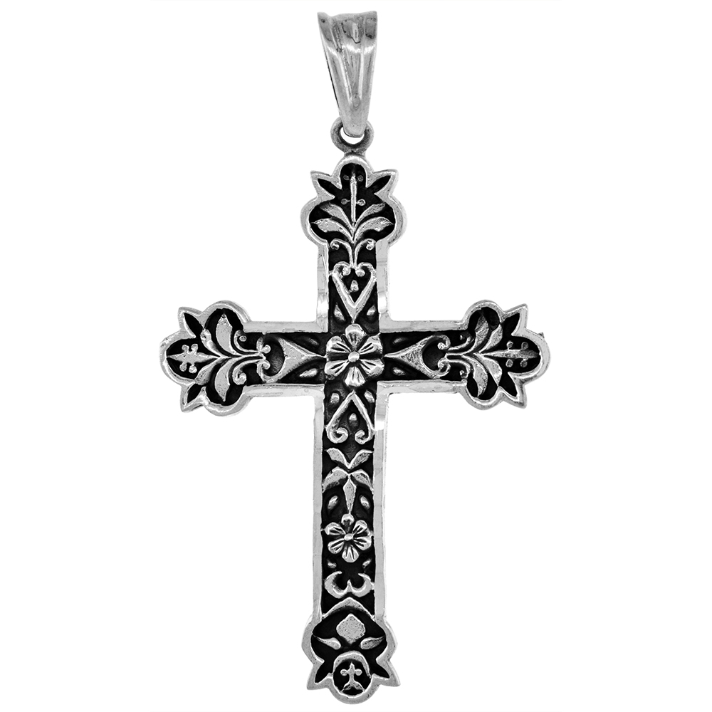 Large 2.0 inch Sterling Silver Floral Cross Necklace for Men and women Diamond-Cut Oxidized finish available with or without cha