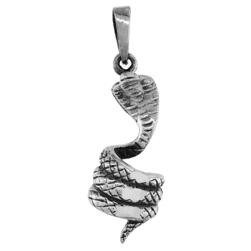 1 1/4 inch Sterling Silver Coiled Cobra Snake Necklace Diamond-Cut Oxidized finish available with or without chain