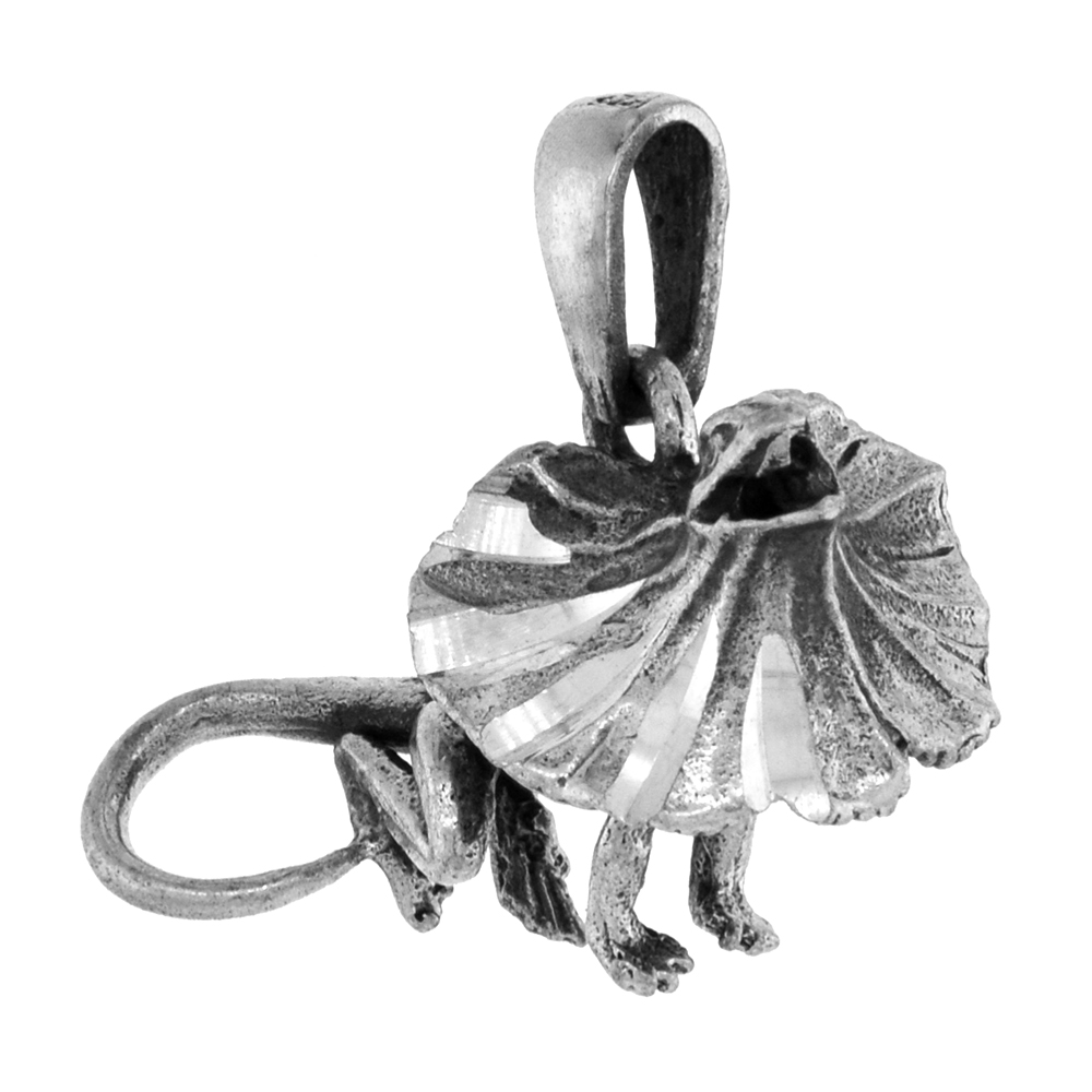 Tiny 5/8 inch Sterling Silver Frilled Lizard Necklace for Women Diamond-Cut Oxidized finish available with or without chain