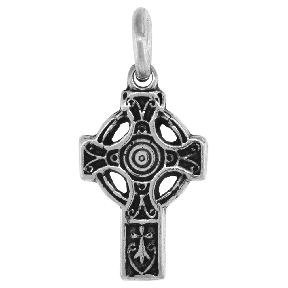 Small 3/4 inch Sterling Silver Concentric Circles Celtic Cross Necklace High Cross for Women Diamond-Cut Oxidized finish availab