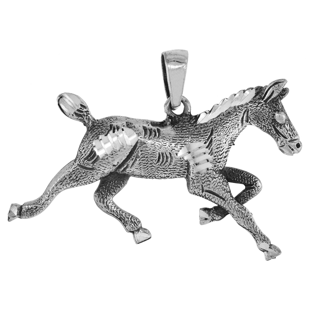 Small 1 inch Sterling Silver Galloping Horse Necklace for Men and Women Diamond-Cut Oxidized finish available with or without ch