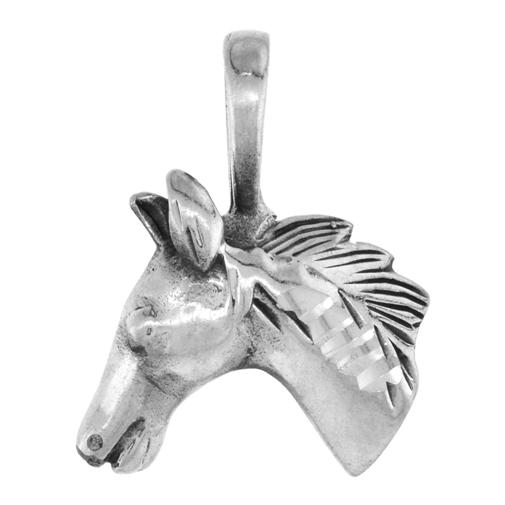 Small 7/8 inch Sterling Silver Horse Head Necklace for Men and Women Diamond-Cut Oxidized finish available with or without chain