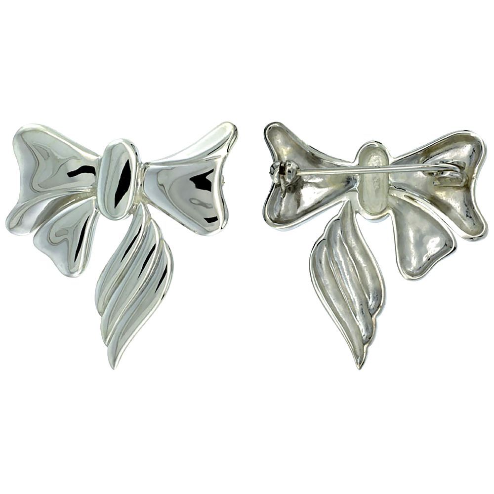 High Polished Sterling Silver 1 3/8" (35 mm) tall Ribbon Brooch Pin