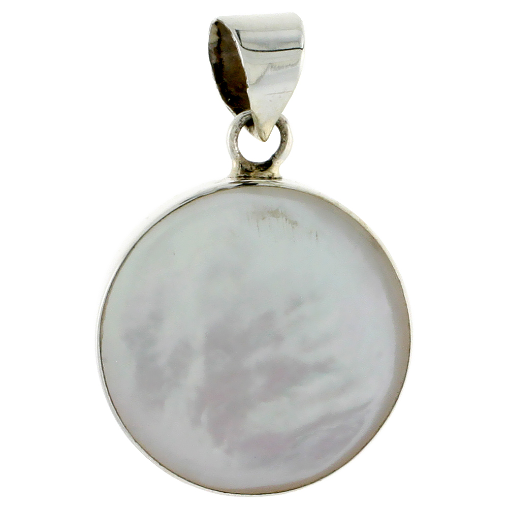 Sterling Silver Round Mother of Pearl Inlay Pendant, 3/4" (20 mm) tall 