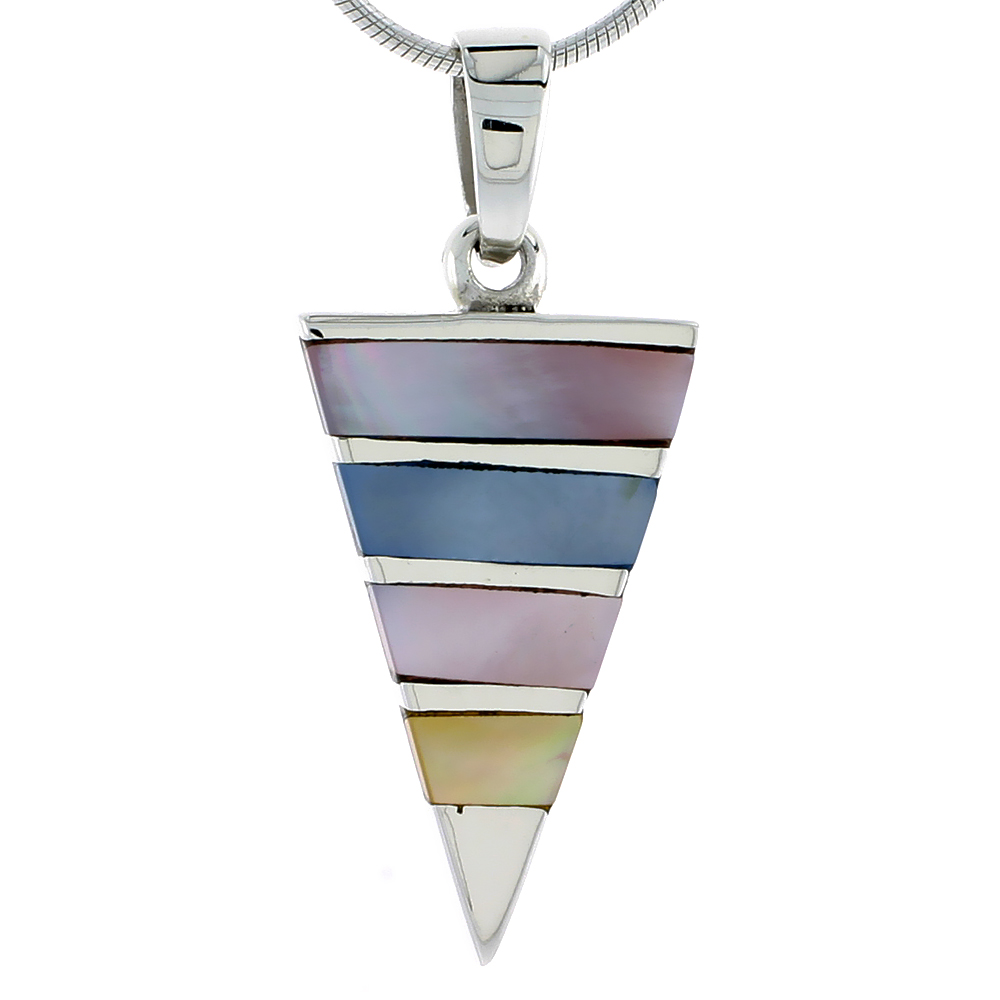 Sterling Silver Triangular Pink, Blue & Light Yellow Mother of Pearl Inlay Pendant, 1 1/8" (28 mm) tall