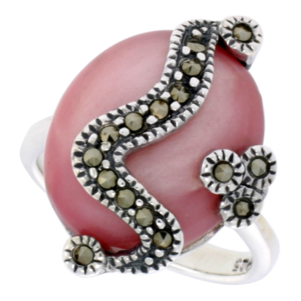 Sterling Silver Marcasite for Women 17x14 Oval Asorted Colors Oxidized Antiqued 7/8 inch