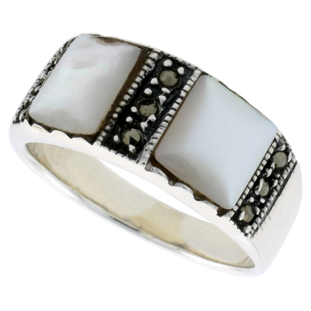 Sterling Silver Oxidized Ring, w/ Two 7mm Square-shaped Mother of Pearls, 5/16 (8 mm) wide