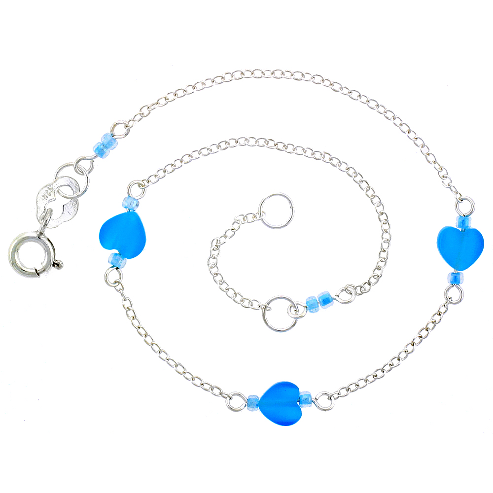 Sterling Silver Anklet Natural Blue Topaz Heart Beads, adjustable 9 - 10 inch