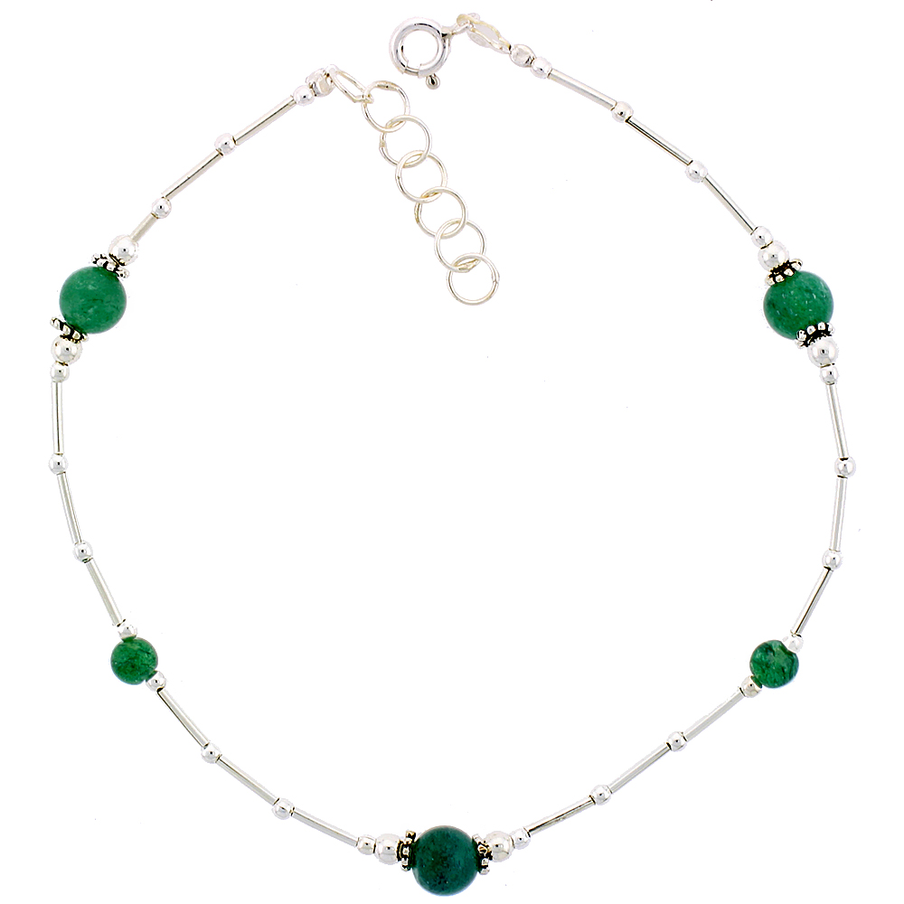 Sterling Silver Anklet Natural Moss Agate Beads, adjustable 9 - 10 inch