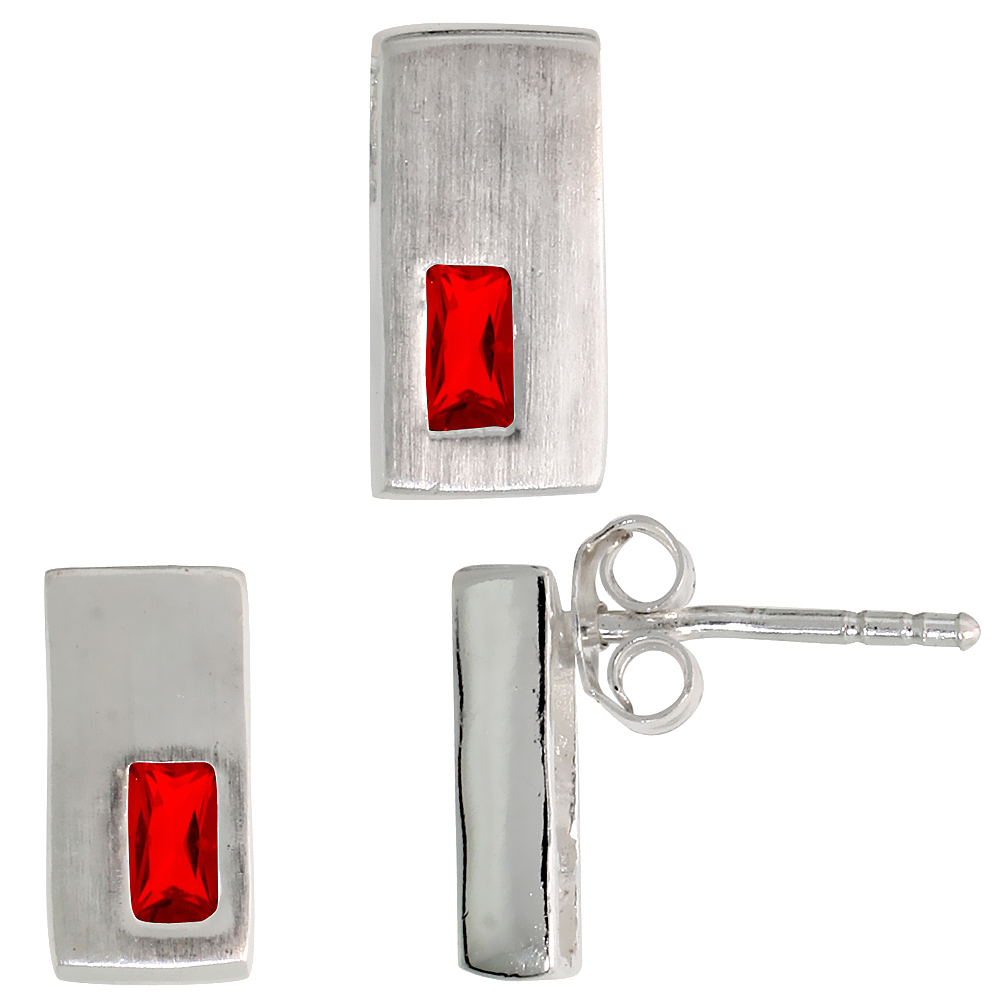 Sterling Silver Radiant Cut Ruby Red CZ Rectangular Stud Earrings & Pendant set for women Brushed finish