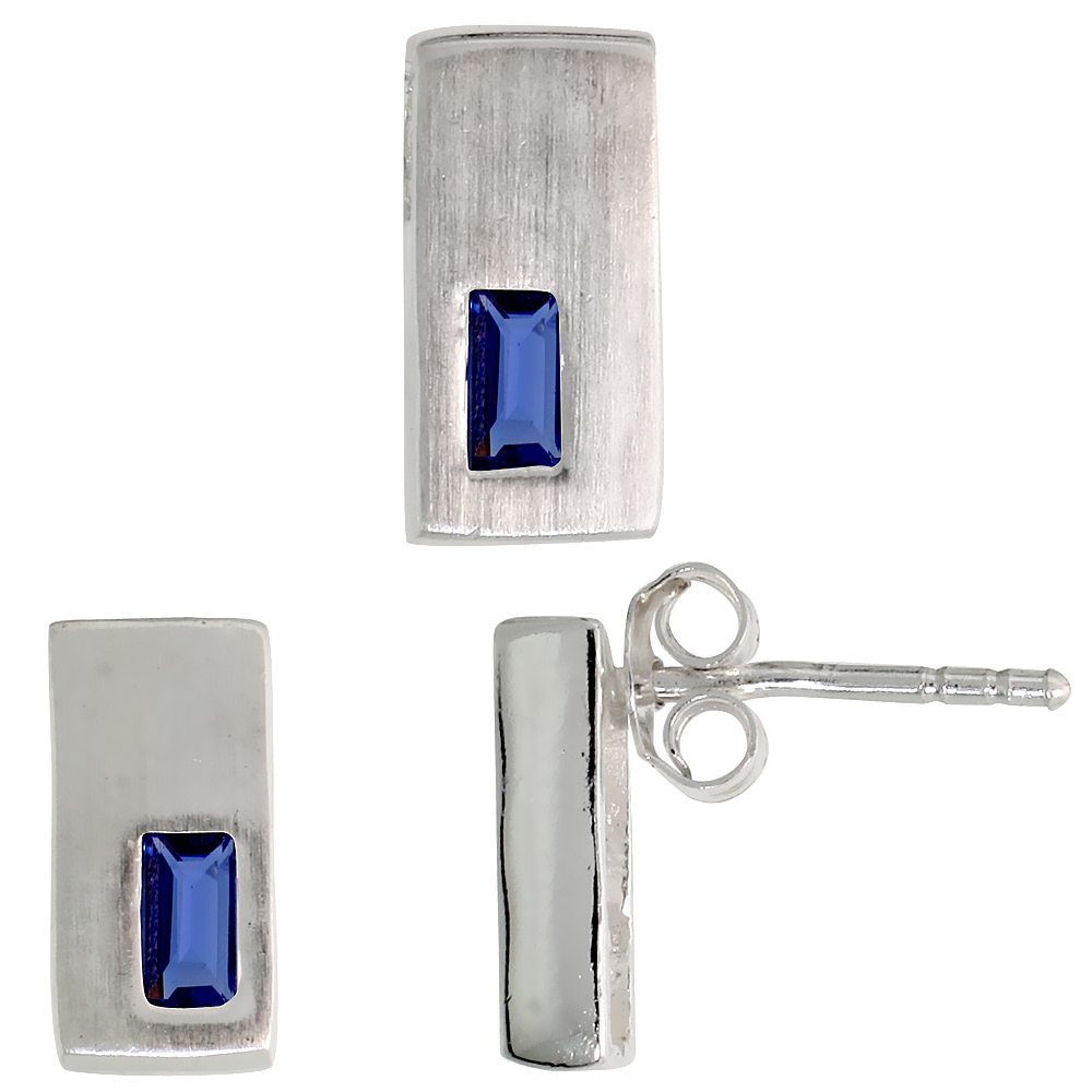Sterling Silver Radiant Cut Blue Sapphire CZ Rectangular Stud Earrings & Pendant Set Brushed finish