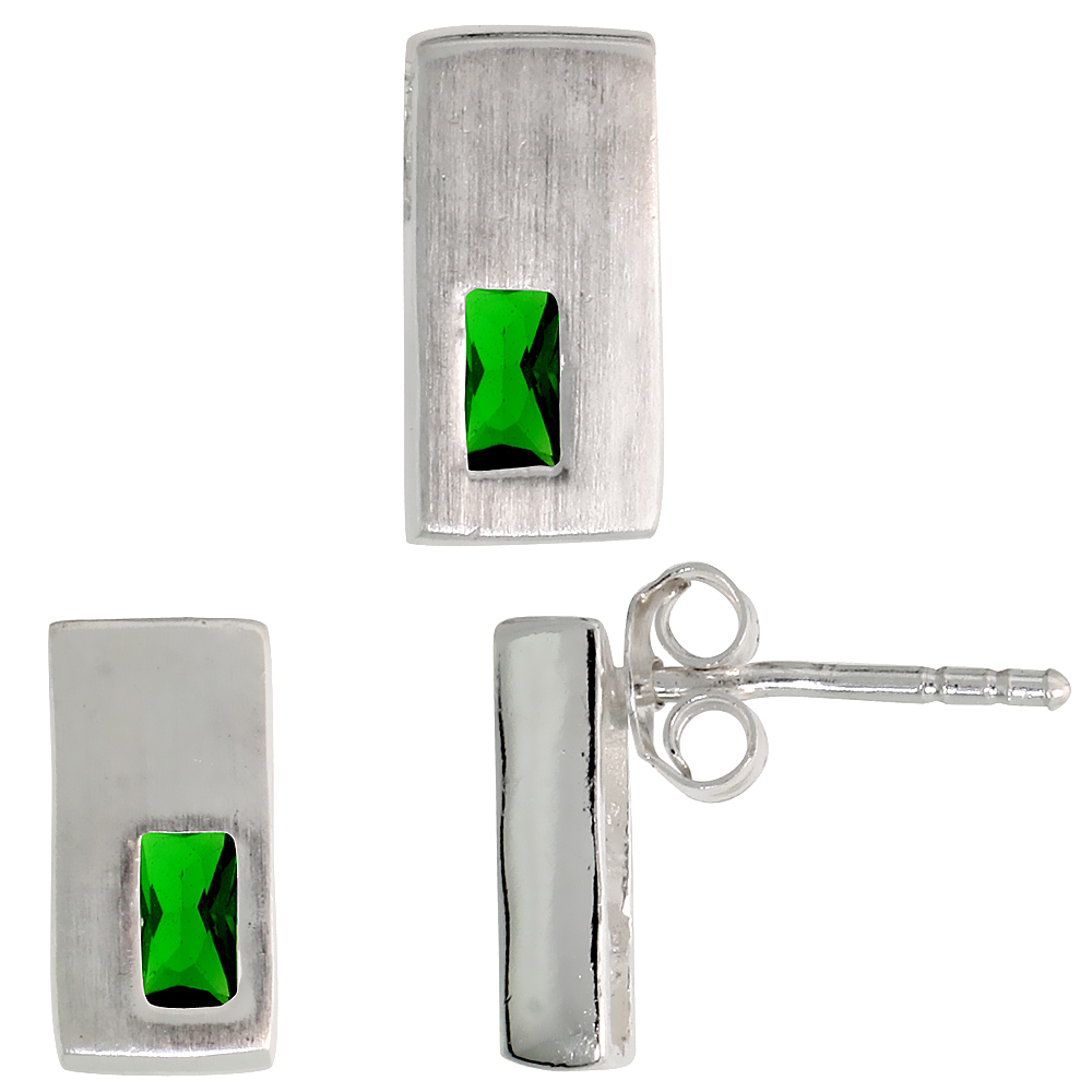 Sterling Silver Radiant Cut Emerald Green CZ Rectangular Stud Earrings & Pendant Set Brushed finish