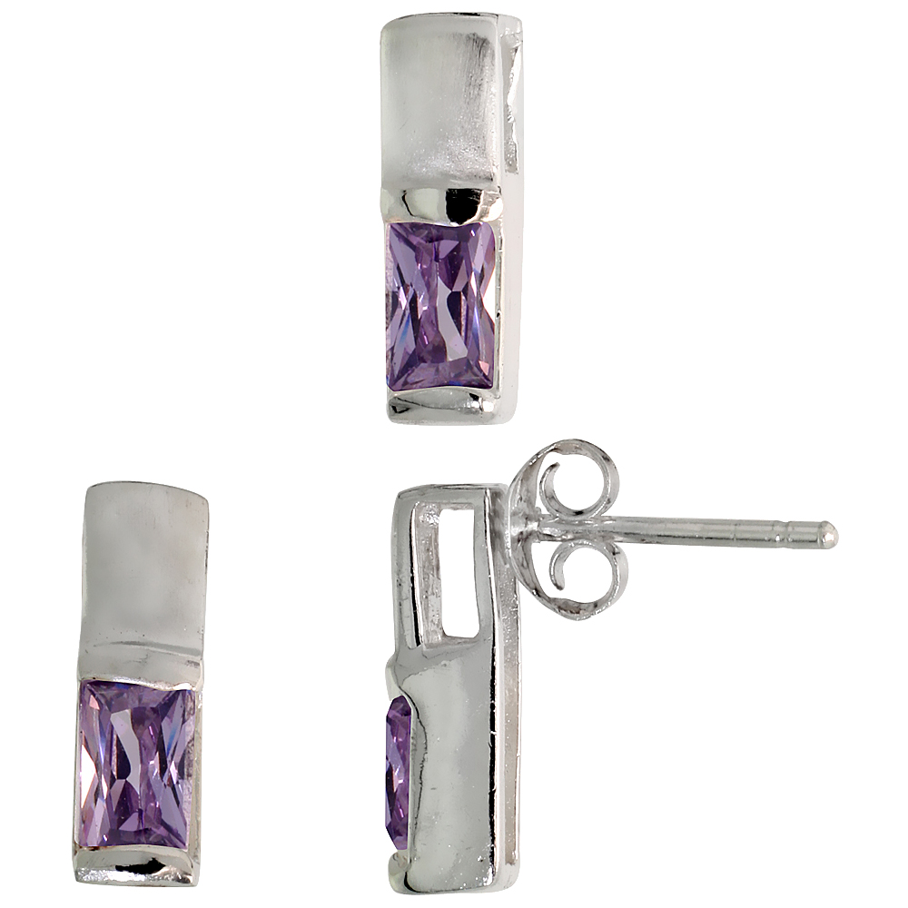 Sterling Silver Radiant Cut Amethyst Purple CZ Thin Rectangle Stud Earrings & Pendant Set Brushed finish