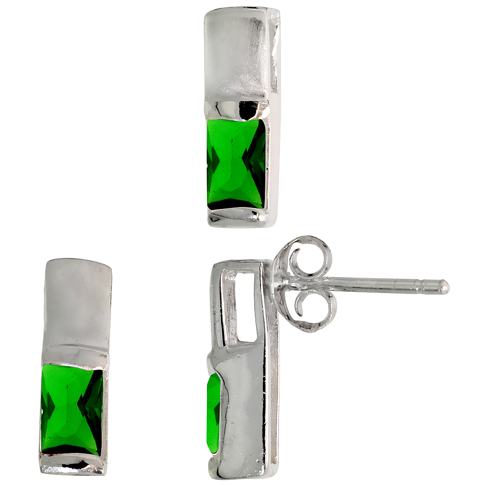 Sterling Silver Radiant Cut Emerald Green CZ Thin Rectangle Stud Earrings & Pendant Set Brushed finish