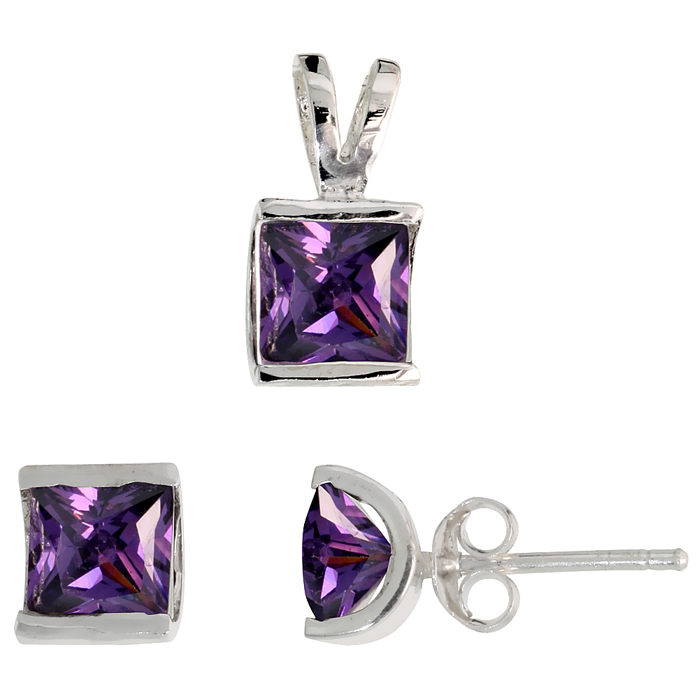 Sterling Silver Princess Cut Amethyst Purple CZ Square Stud Earrings and Pendant Set Channel Set
