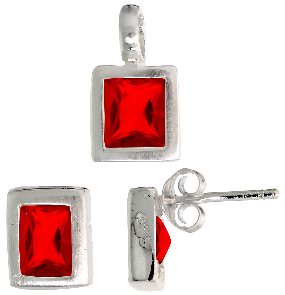 Sterling Silver Radiant Cut Ruby Red CZ Rectangular Stud Earrings and Pendant Set Brushed finish