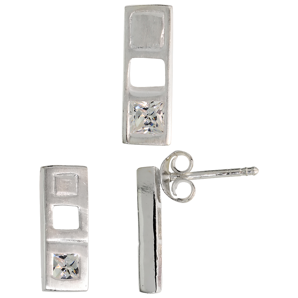 Sterling Silver Princess Cut White CZ Bar Stud Earrings & Pendant set for women Brushed finish