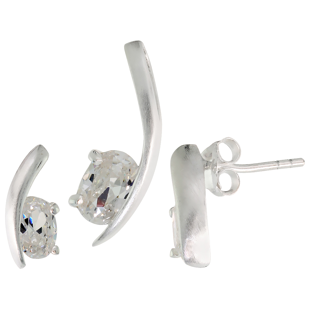 Sterling Silver Oval Cut White CZ Swoosh Stud Earrings & Pendant set for women