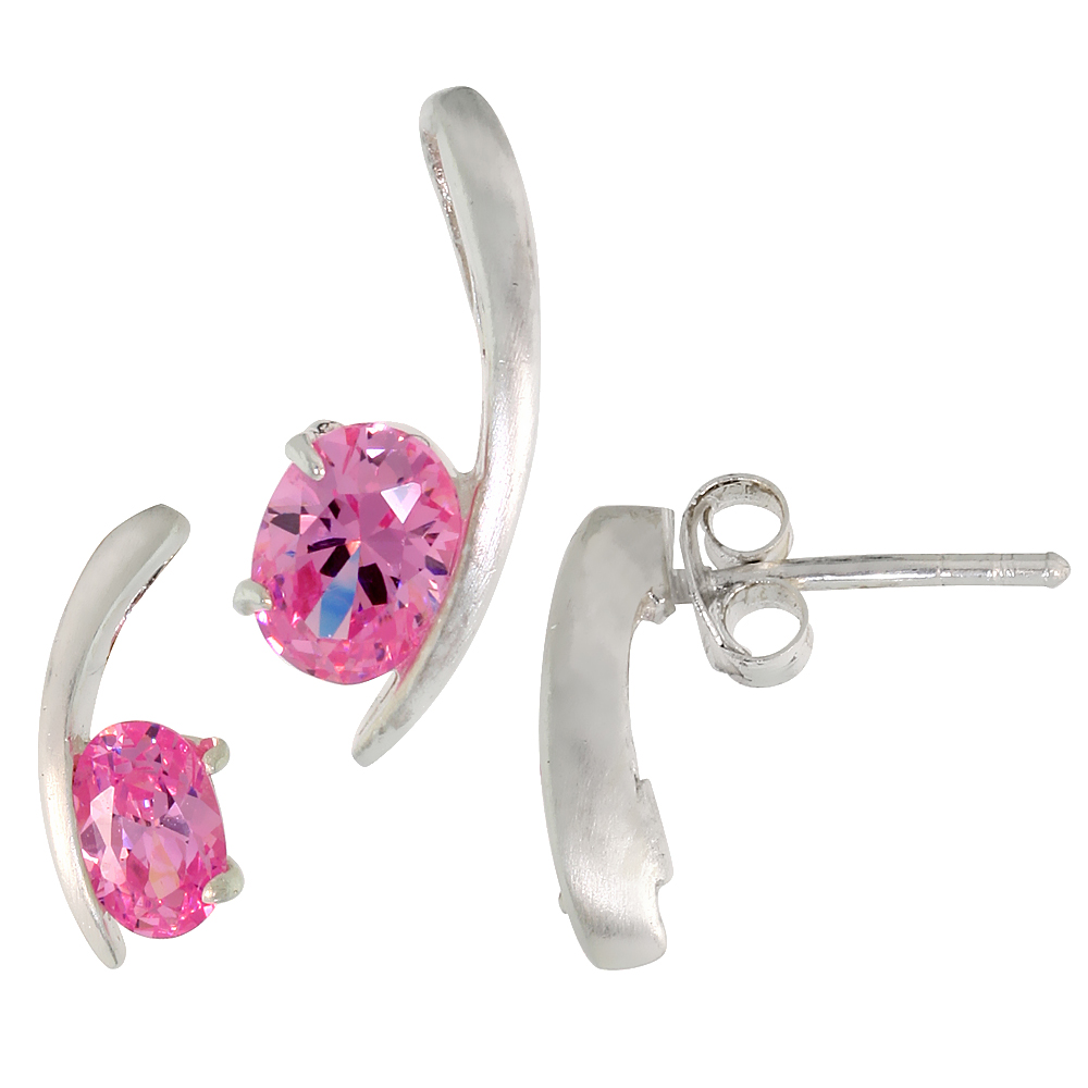 Sterling Silver Oval Cut Pink CZ Swoosh Stud Earrings & Pendant set for women