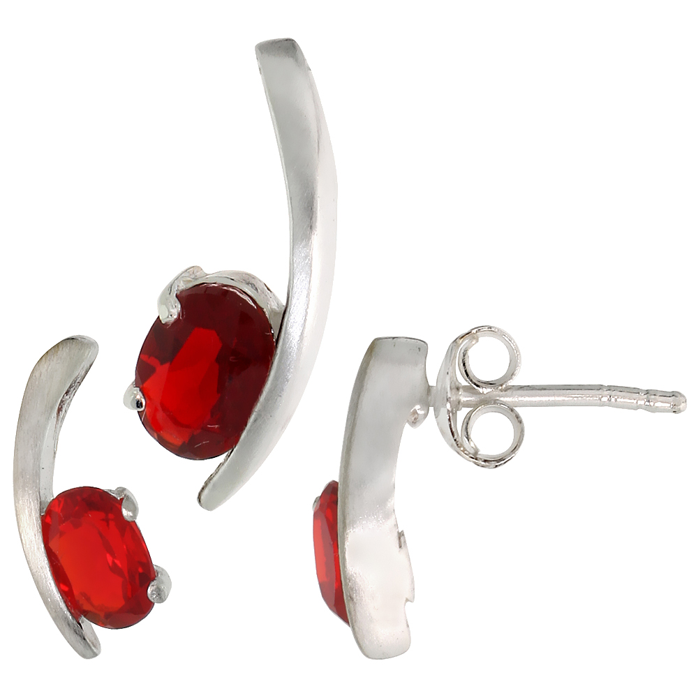 Sterling Silver Oval Cut Ruby Red CZ Swoosh Stud Earrings & Pendant set for women