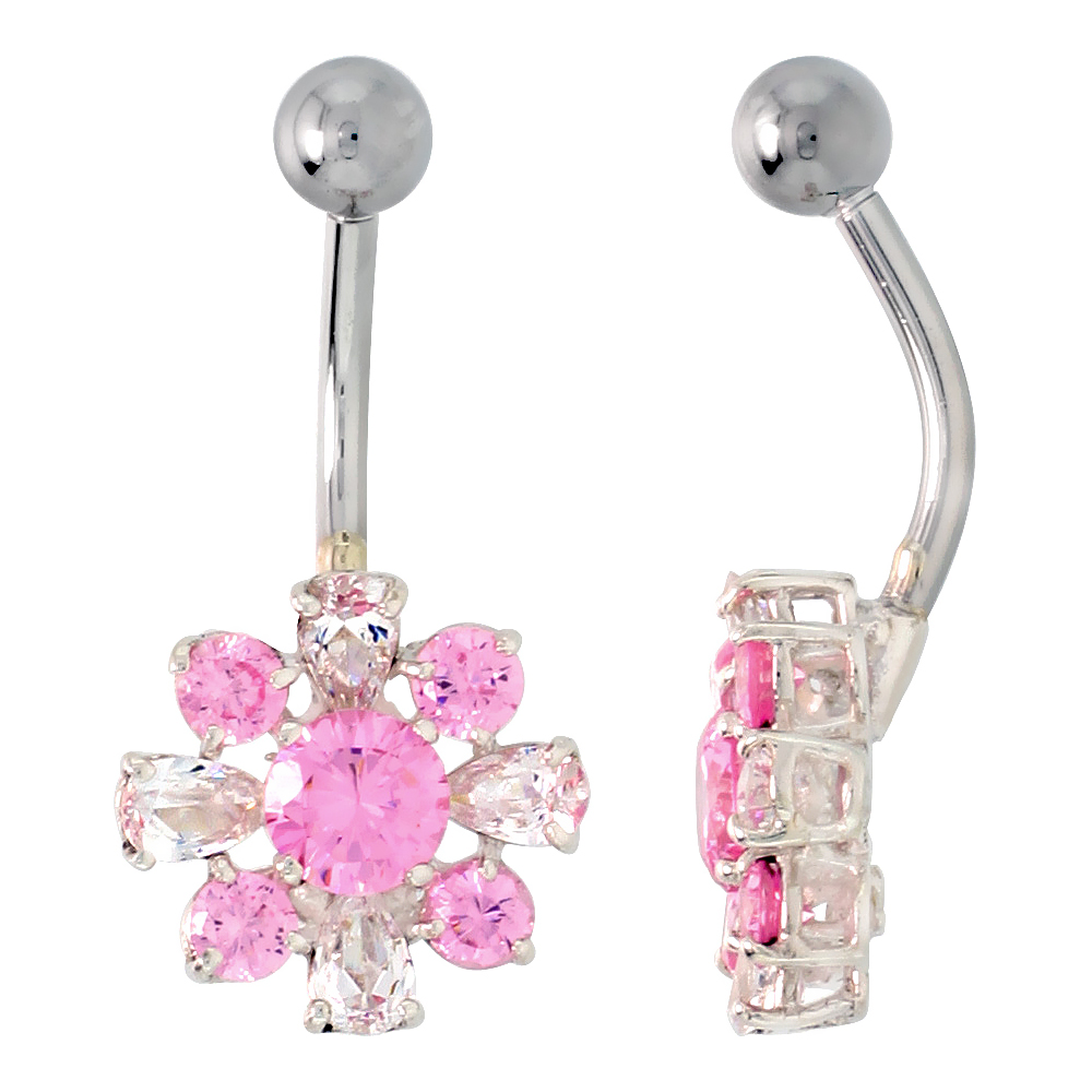 Flower Belly Button Ring with Pink and Clear Cubic Zirconia on Sterling Silver Settings
