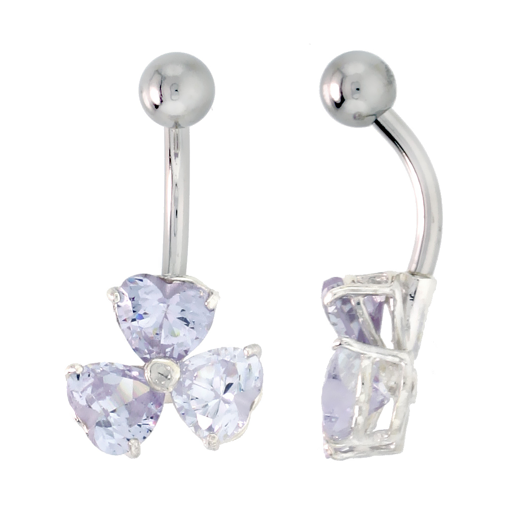 Shamrock Belly Button Ring with Clear Cubic Zirconia on Sterling Silver Setting