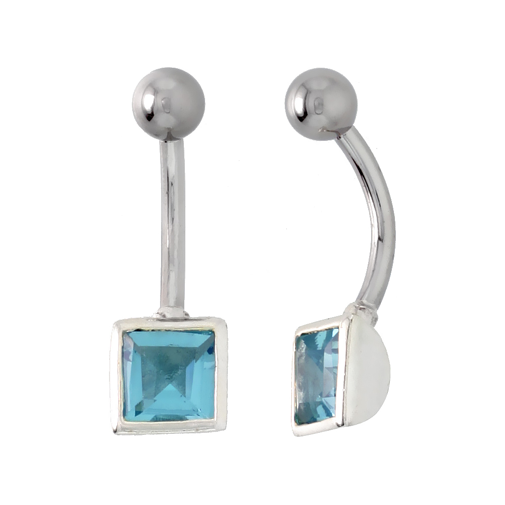 Belly Button Ring with Blue Topaz Princess Cut Cubic Zirconia on Sterling Silver Setting