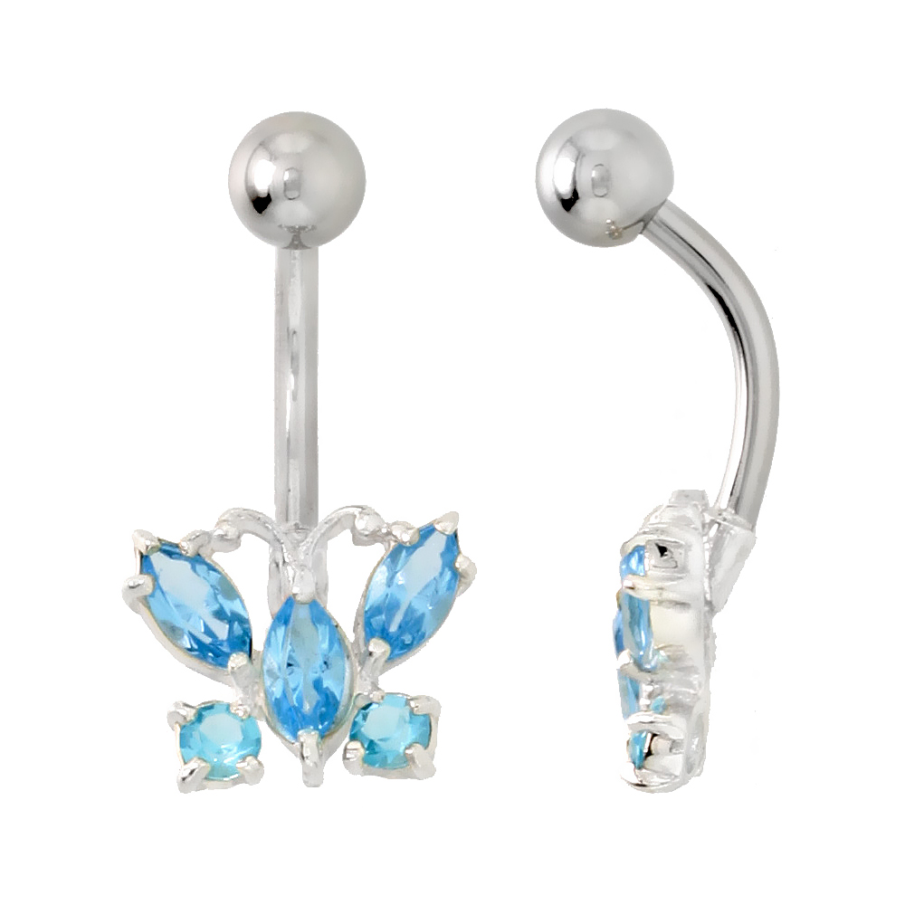 Butterfly Belly Button Ring with Blue Topaz Cubic Zirconia on Sterling Silver Setting
