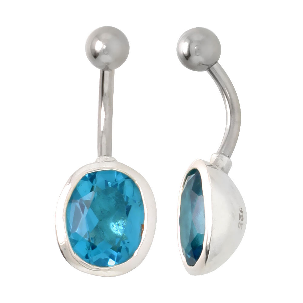 Large Oval Belly Button Ring with Blue Topaz Cubic Zirconia on Sterling Silver Setting