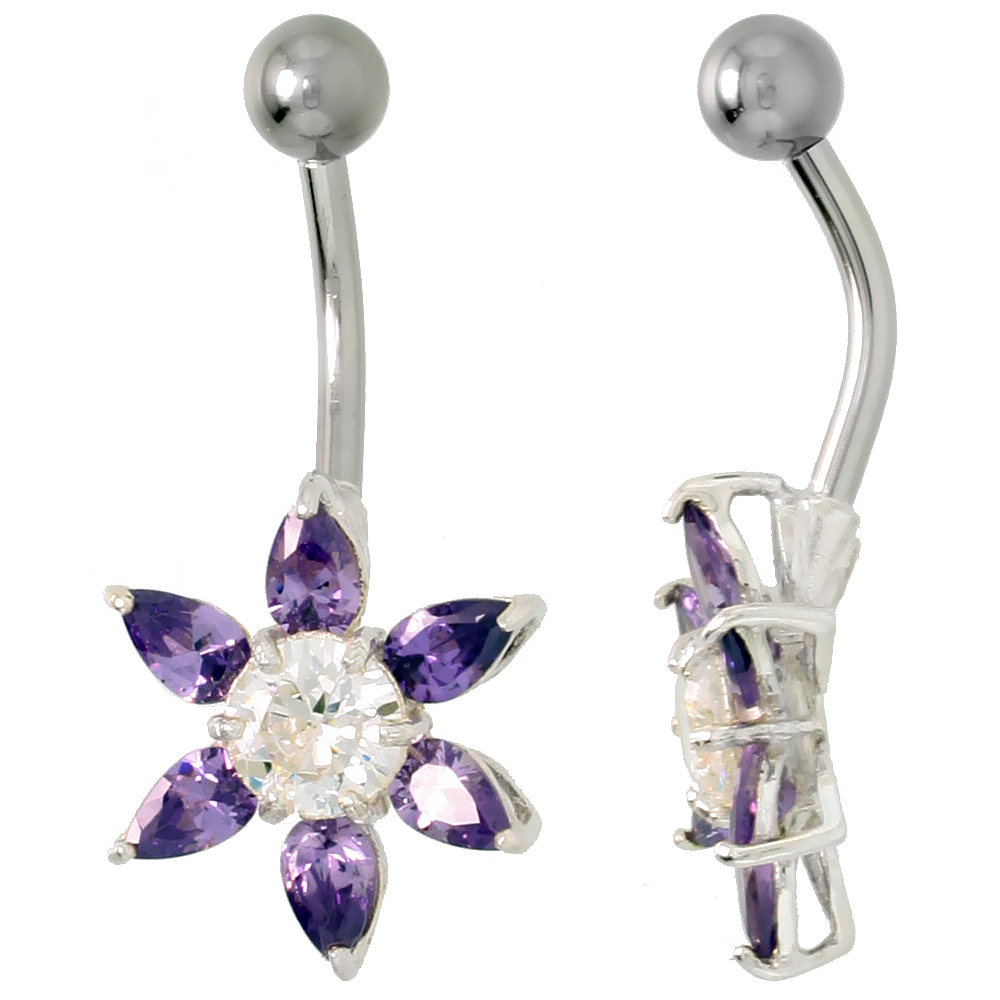 Sunflower Belly Button Ring with Amethyst Cubic Zirconia on Sterling Silver Setting