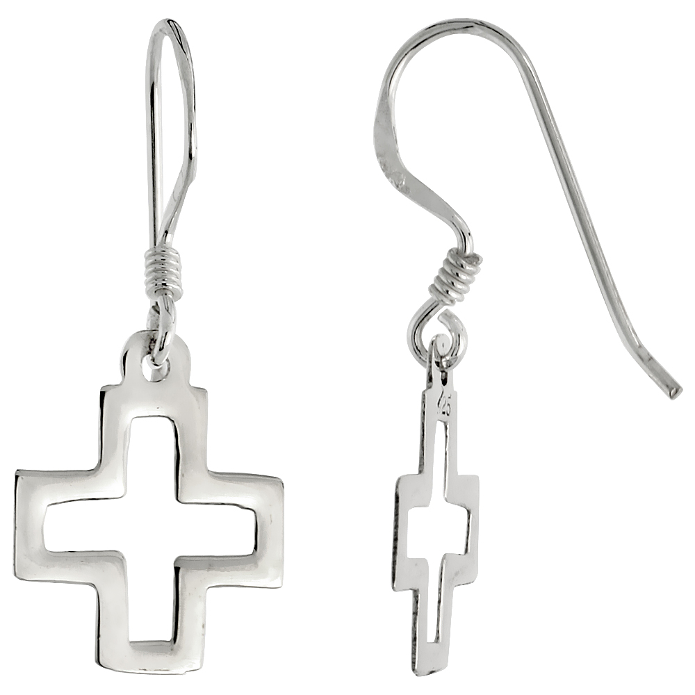 Sterling Silver Cross Cut Out Dangle Earrings, 5/8" (15 mm) tall