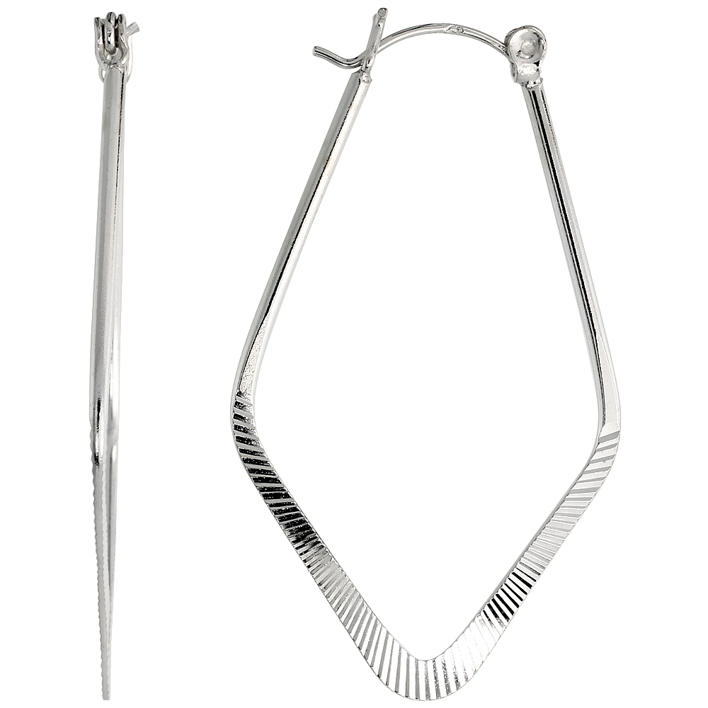 Sterling Silver V-shaped Textured Hoop Earrings, 1 3/4" (45 mm) tall