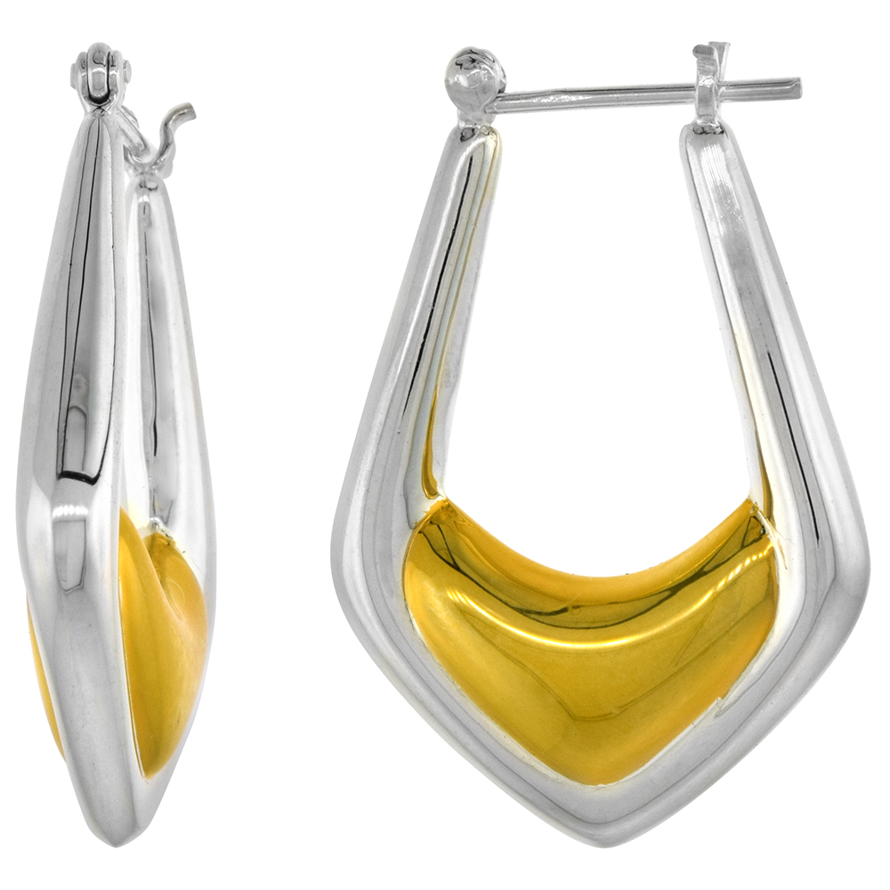 Sterling Silver Snap-down-post Hoop Earrings, w/ 2-Tone Gold Plate Accent, 1 3/8" (34 mm) tall