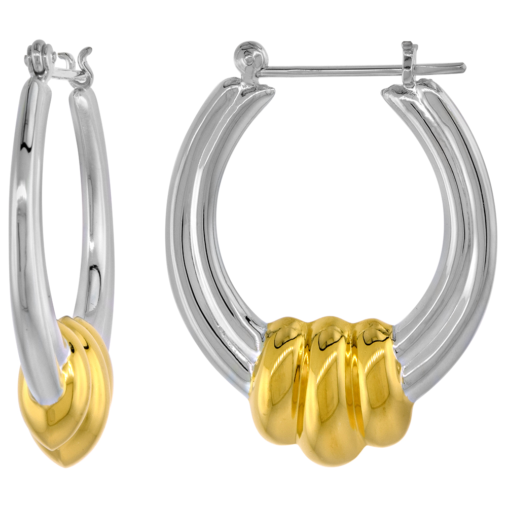 Sterling Silver Snap-down-post Hoop Earrings, w/ 2-Tone Gold Plate Accent, 1 7/16" (37 mm) tall