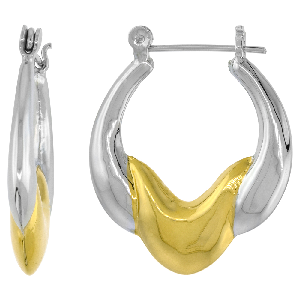 Sterling Silver Snap-down-post Hoop Earrings w/ 2-Tone Gold Plate Accent, 1 1/4" (31 mm) tall