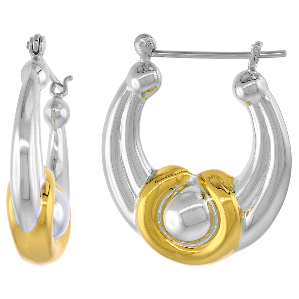 Sterling Silver Snap-down-post Hoop Earrings, w/ 2-Tone Gold Plate Accent, 1 3/16" (30 mm) tall