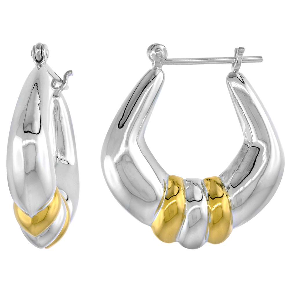 Sterling Silver Snap-down-post Hoop Earrings, w/ 2-Tone Gold Plate Accent, 1 1/16" (27 mm) tall